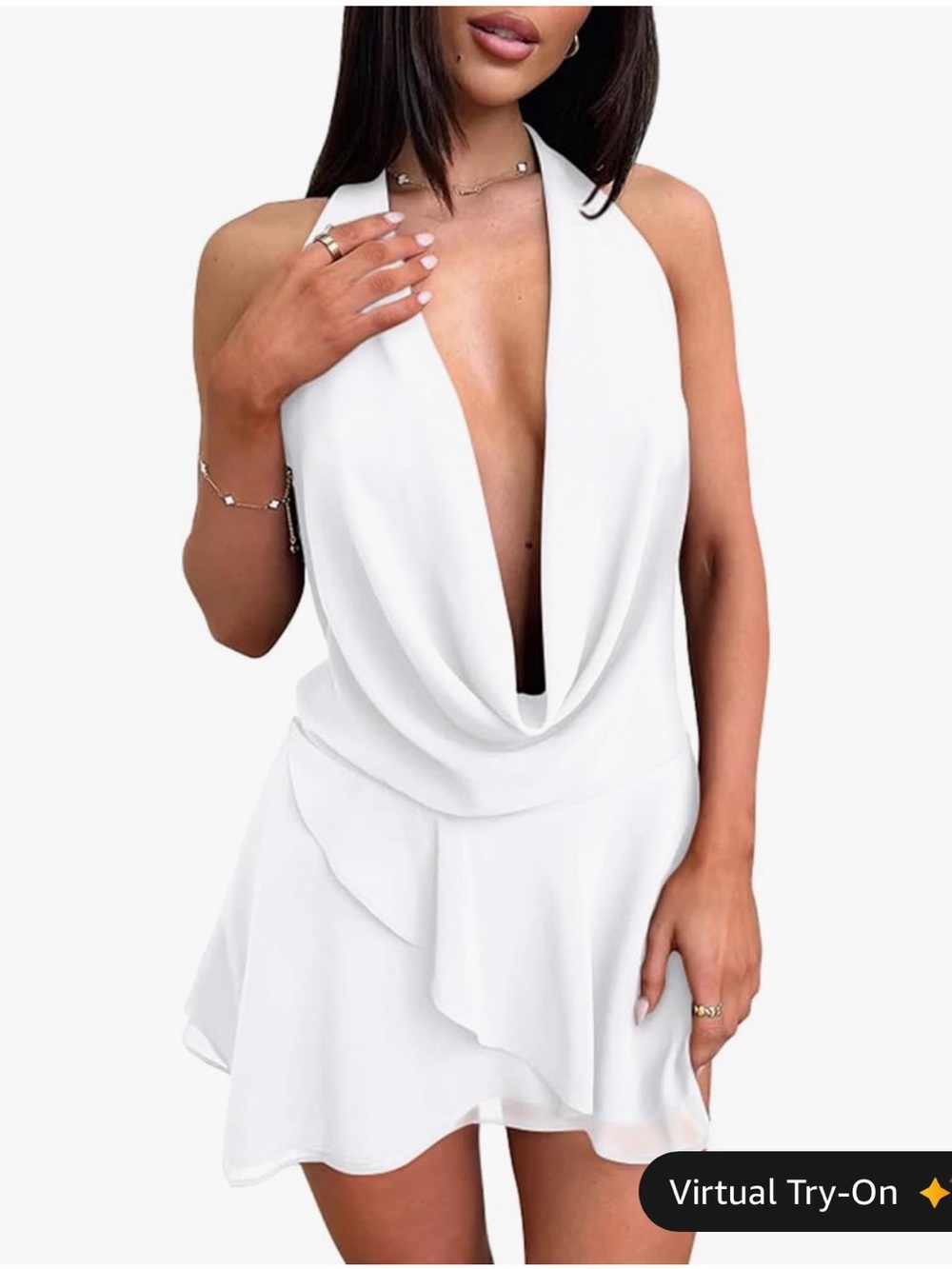 White Halter Cowl Neck Midi Dress